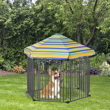 48" x 41" Heavy-Duty Metal Dog Playpen, Outdoor Pet Cage Kennel, Puppy Exercise Fence Barrier with Weather-Resistant Polyester Roof, Locking Door and Solid Black Frame