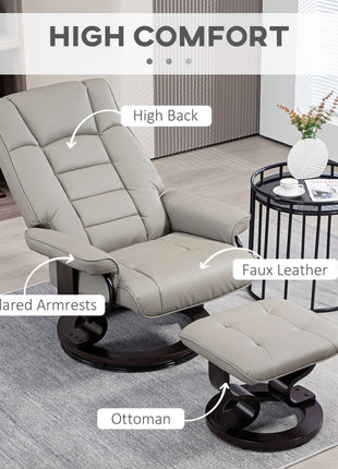 Faux Leather Recliner with Ottoman, Swivel Recliner Chair and Ottoman with High Back and Wood Base, Gray