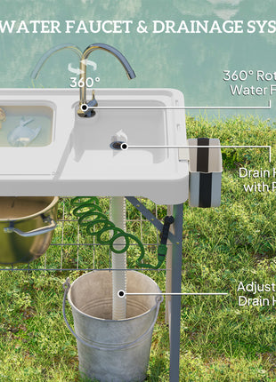 Folding Fish Cleaning Table with Sinks, Portable Camping Sink Table with Faucet, Drainage Hose, Sprayer, Shelf, Drawer and Storage Basket, Outdoor Fillet Table for Picnic Beach Patio, White
