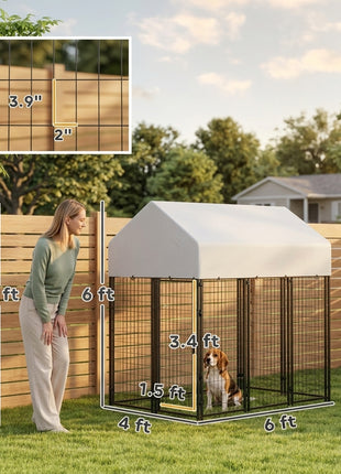 Outdoor Dog Kennel with Roof, 6' x 4' x 6' Heavy Duty Welded Wire Dog Playpen Enclosure with Escape-proof Lock