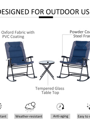 3 Piece Outdoor Folding Rocking Chair and Table Set - Blue and Gray