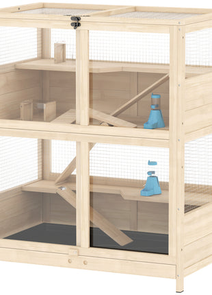 Wooden Hamster Cage, 4 Tier Small Animal Cage with Mesh Flip Roof, Pull-Out Tray, Huts, Seesaws, Ramps and Water Bottles