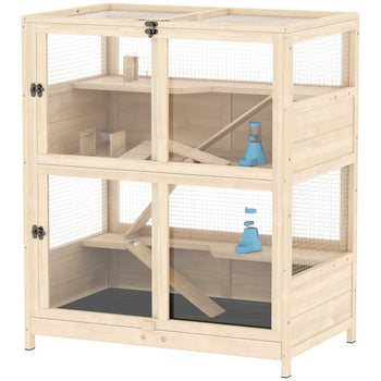 Wooden Hamster Cage, 4 Tier Small Animal Cage with Mesh Flip Roof, Pull-Out Tray, Huts, Seesaws, Ramps and Water Bottles