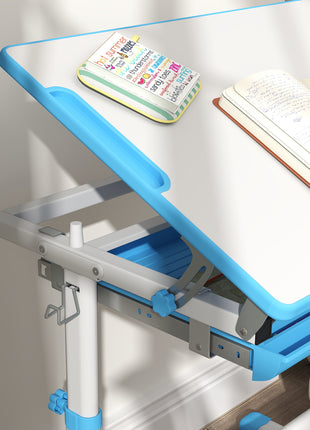 Height Adjustable Kids Desk and Chairs Set with Tilt Desktop, Storage Drawer, Pen Slot, Hook, Blue