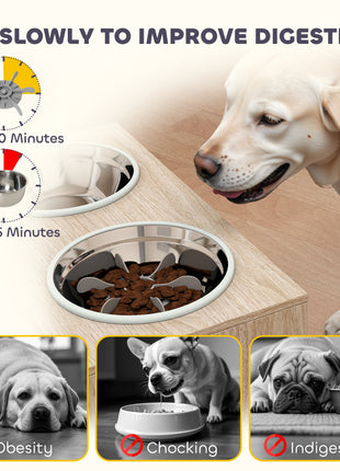 Elevated Dog Bowls with Storage Cabinet,  2 Stainless Steel Bowls, Slow Feeder, Dog Feeding Station for Large Dogs, Oak
