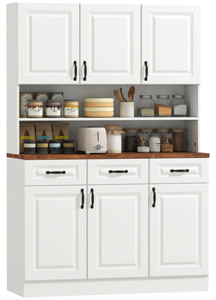 71" Kitchen Pantry Cabinet, Freestanding Farmhouse Storage Cabinet with Wide 2-Tier Microwave Stand Countertop, 3 Drawers, 6 Soft Closing Doors, and Adjustable Shelves, Cable Management, White