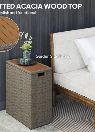 17-Gallon Small Deck Box, Wicker Outdoor Storage Box with Acacia Wood Top for Patio Cushions and Garden Tools, Teak