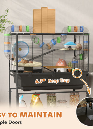 3 Tier Hamster Cage, Rolling Rat Cage with Deep Tray, Storage Shelf, Big Exercise Wheel, Hut, Tube System
