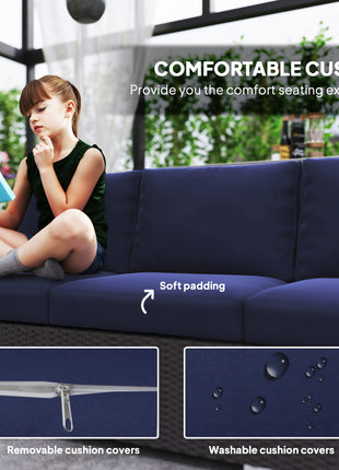 3-Seat Outdoor Patio Sofa, PE Wicker Outdoor Couch with  Extra Wide Deep Seat, Wide Armrests 4" Cushions, Navy Blue
