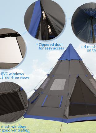 12Ft Camping Tent 6-7 Person 4 Season with 8 Mesh Windows, Outdoor Teepee Tent with Waterproof Material