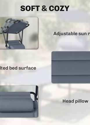 Outdoor Lounge Chair, 4 Position Adjustable Backrest, Folding, Cushioned w/ Sun Shade Roof & Pillow, Gray