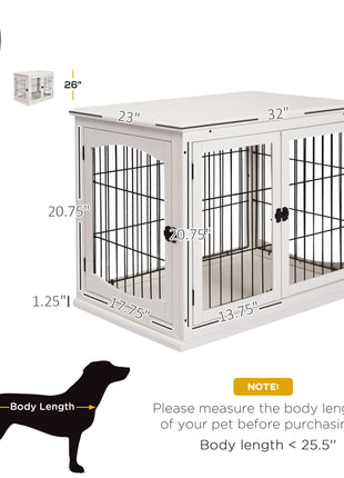 Dog Crate Furniture, 32" Small Dog Cage End Table with 2 Doors, Lockable Door, Puppy Kennel Indoor, White
