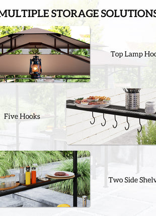 8' x 7.6' Outdoor Grill Gazebo, Barbecue Gazebo Shelter with Side Awning, 2 Side Shelves and 6 Hooks, Brown
