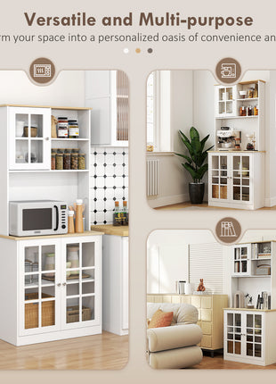 Kitchen Pantry Cabinet, 72" Freestanding Storage Cabinet with Hutch, Large Countertop, Glass Doors and Adjustable Shelves, Microwave Cabinet, Coffee Bar Cabinet for Dining Room, White