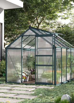 6' x 10' Greenhouse for Outdoors, Polycarbonate Greenhouse with Rain Gutter and Roof Vent, Aluminum Walk-in Green Houses for Outside for Patio Backyard Garden, Dark Green