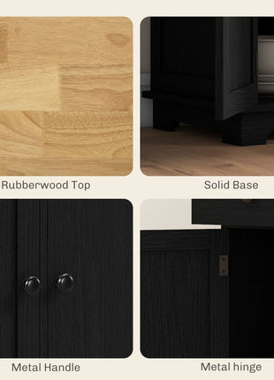Kitchen Storage Cabinet, Sideboard Floor Cupboard with Solid Wood Top, Adjustable Shelf, and 3 Drawers, Black Wood Grain