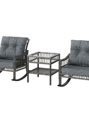 3 Piece Outdoor PE Rattan Rocker Chair Set, Rocking Chair with Tempered Glass Table Top, Gray