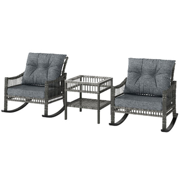 3 Piece Outdoor PE Rattan Rocker Chair Set, Rocking Chair with Tempered Glass Table Top, Gray