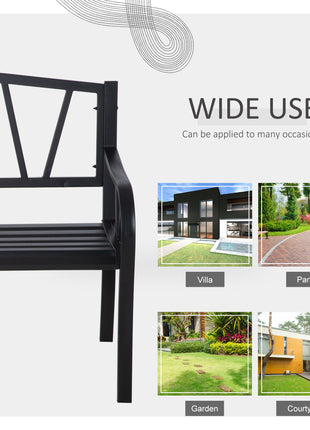 50" Outdoor Bench, Metal Garden Bench with V-Shaped Pattern Backrest, Porch Bench with Slatted Seat for Park, Yard, Lawn, Black