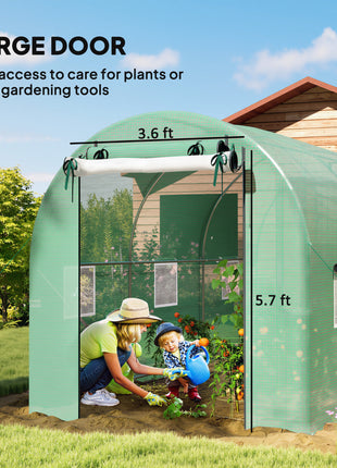 Hoop House Greenhouse, Walk-in Tunnel Greenhouse with 2 Support Rods, Zippered Roll-up Mesh Door, 14.6'x6.5'x6.6', Green