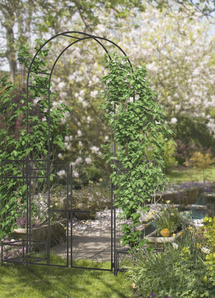 7' Garden Arch Arbor, Metal Arch Trellis with Gate, Garden Archway for Climbing Vines, Wedding Ceremony Decoration, Black