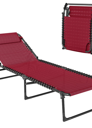 Folding Chaise Lounge Pool Chair with 4-Position Reclining Back, Pillow, Breathable Mesh & Bungee Seat, Wine Red