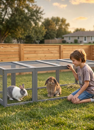 Large Wooden Rabbit Hutch Small Animal Habitat Enclosure Outdoor Run and Lockable Doors - Gray