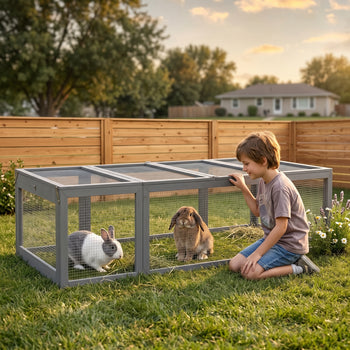 Large Wooden Rabbit Hutch Small Animal Habitat Enclosure Outdoor Run and Lockable Doors - Gray