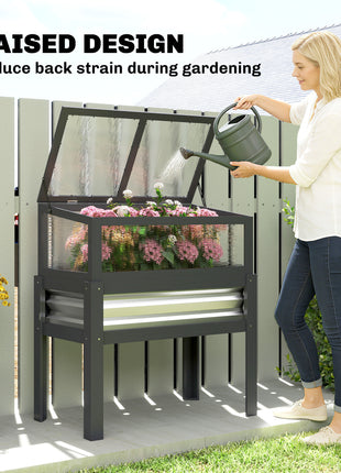 Raised Garden Bed with Flip-Up Mini Greenhouse, Elevated Planter Box with Legs and Bed Liner for Flowers, Vegetables