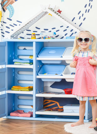 Kids Toy Storage Organizer with 4 Bins, Storage Cabinets, Bookshelf and 4-Layers Toy Collection Shelves, Blue