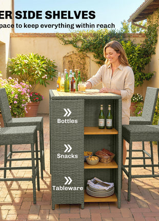 5 Piece Wicker Outdoor Bar Set, Acacia Wood Outdoor High Top Table and Chairs with 3 Tier Shelves, Cushions, Gray