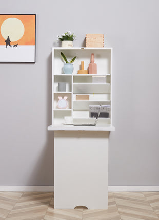 Wall Mounted Fold Out Convertible Desk, Multi-Function Floating Desk with Storage Shelf for Home Office, White