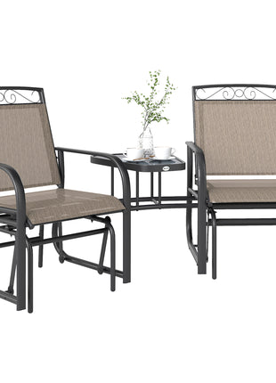 Outdoor Glider Chairs with Coffee Table, Patio 2-Seat Rocking Chair Swing with Breathable Sling for Backyard, Garden and Porch, Brown