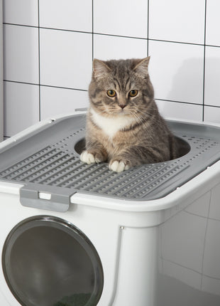 Covered Cat Litter Box, Easy Cleaning Kitty Litter Box with Front Entrance, Top Exit, Scoop, for Odor Control, White