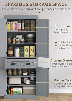 72" Kitchen Cabinet, Pantry Storage Cabinet with 4 Doors and 2 Adjustable Shelves, Large Central Drawer, Gray