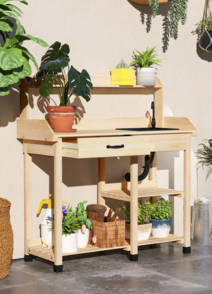 Potting Bench Table, Outdoor Garden Table Wooden Work Station with Removable Sink, Faucet, Drawer, Shelves, Hooks, Natural Wood
