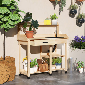 Potting Bench Table, Outdoor Garden Table Wooden Work Station with Removable Sink, Faucet, Drawer, Shelves, Hooks, Natural Wood