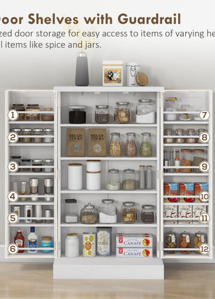Freestanding Kitchen Pantry, Kitchen Storage Cabinet with 5-Tier Shelf, 12 Spice Racks, Adjustable Shelves, White