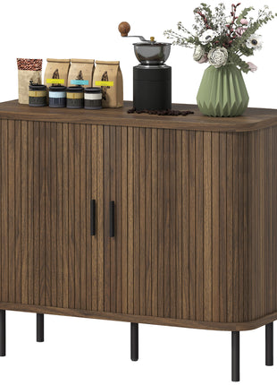 35.4" Sideboard Buffet Cabinet with Storage, Nordic Coffee Bar Cabinet with Slatted Tambour Doors and Metal Legs, Walnut