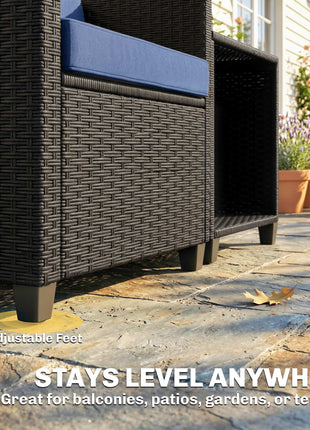 3 Piece Patio Bistro Set, Wicker Furniture Set with Thick Cushions, Glass Coffee Table and Chairs for Garden, Dark Blue