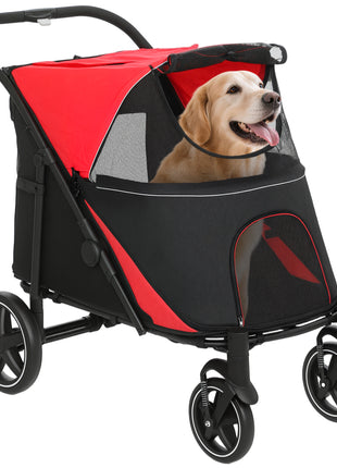 Dog Stroller for Large Medium Small Dogs up to 66 Lbs. 23.5" in Body Length, One-Click Foldable Pet Cat Stroller with Storage, Shock Absorption Wheels, Mesh Window, Safety Leash, Red