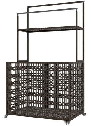 Wicker Pool Float Storage Organizer, PE Rattan Pool Float Holder with Basket Shelf Towel Bars, Rolling Pool Caddy for Floaties, Noodles, Life Vests, Beach Balls, Brown