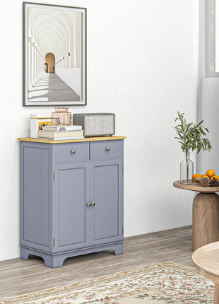 Kitchen Storage Cabinet, Sideboard Floor Cupboard with Solid Wood Top, Adjustable Shelf, and 2 Drawers, Gray