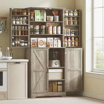 Farmhouse Kitchen Pantry, 72" Tall Pantry Cabinet with 4 Barn Doors, 4 Adjustable Shelves and 8 Door Shelves, Gray Wash
