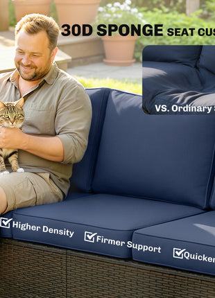 3 Seater Outdoor Couch Sofa, PE Wicker Patio Sofa, Wide Deep Seat, 4" Cushions, Wood-Effect Armrests Legs, Dark Blue