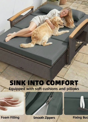 Rattan Outdoor Daybed w/4-Level Adjustable Backrest, Patio Sofa Bed w/Storage Ottoman, Acacia Wood Armrest, Mixed Gray