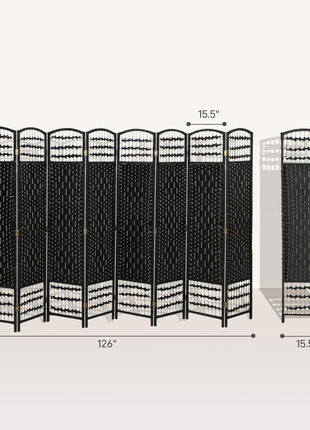 8 Panel Folding Room Divider Portable Privacy Screen Wave Fiber Room Partition for Home Office Black