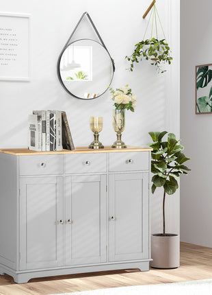 Kitchen Storage Cabinet, Sideboard Floor Cupboard with Solid Wood Top, Adjustable Shelf, and 3 Drawers, Gray