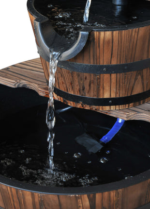 Wood Freestanding Fountain with 2 Tier Waterfall Barrel, Electric Pump for Garden Decor, Lawn, Backyard