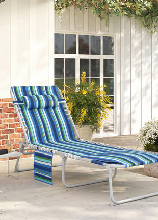 Tanning Chair with Face Hole and Side Table, 5-Position Folding Outdoor Chaise Lounge Chair, Blue Stripe